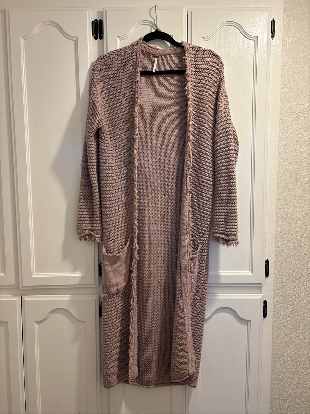 Open-Front Long Knit Cardigan Sweater in Mauve